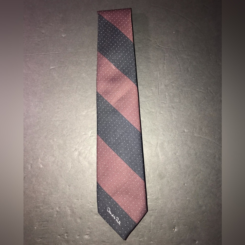 Vintage Oscar De La Renta Mens Silk Tie Striped/Burgundy/Black/White Dots